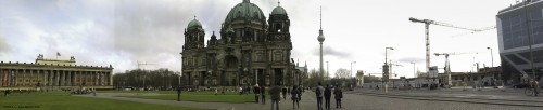 Panorma* with mix of old and new buildings and construction on Berlin's Museum Island