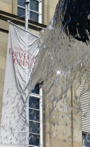 Banner and Fountain at the Neue Aula Plaza, Tübingen