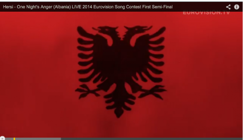 Albanian flag using tattooed back photographed  through a red transparency, Eurovision 2014