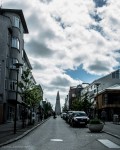 View of Hallgrímskirkja as seen from the end of the street, Reykjavik, Iceland