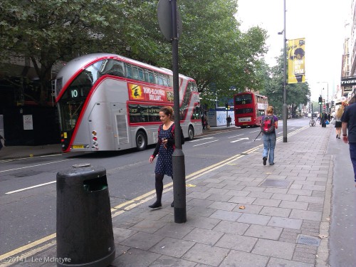 Silver double-decker bus in London, September 2014