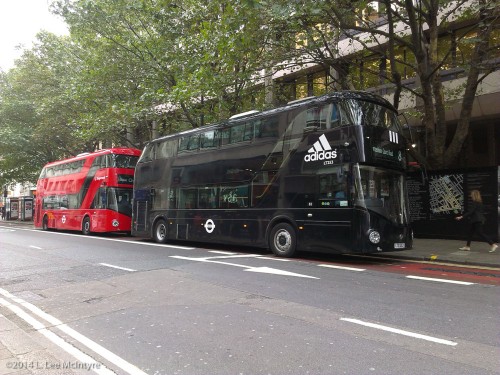 Black double-decker bus in London, September 2014