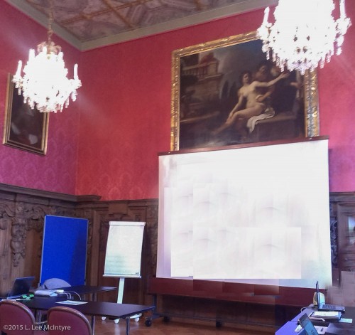 Red Salon with projection screen for meeting